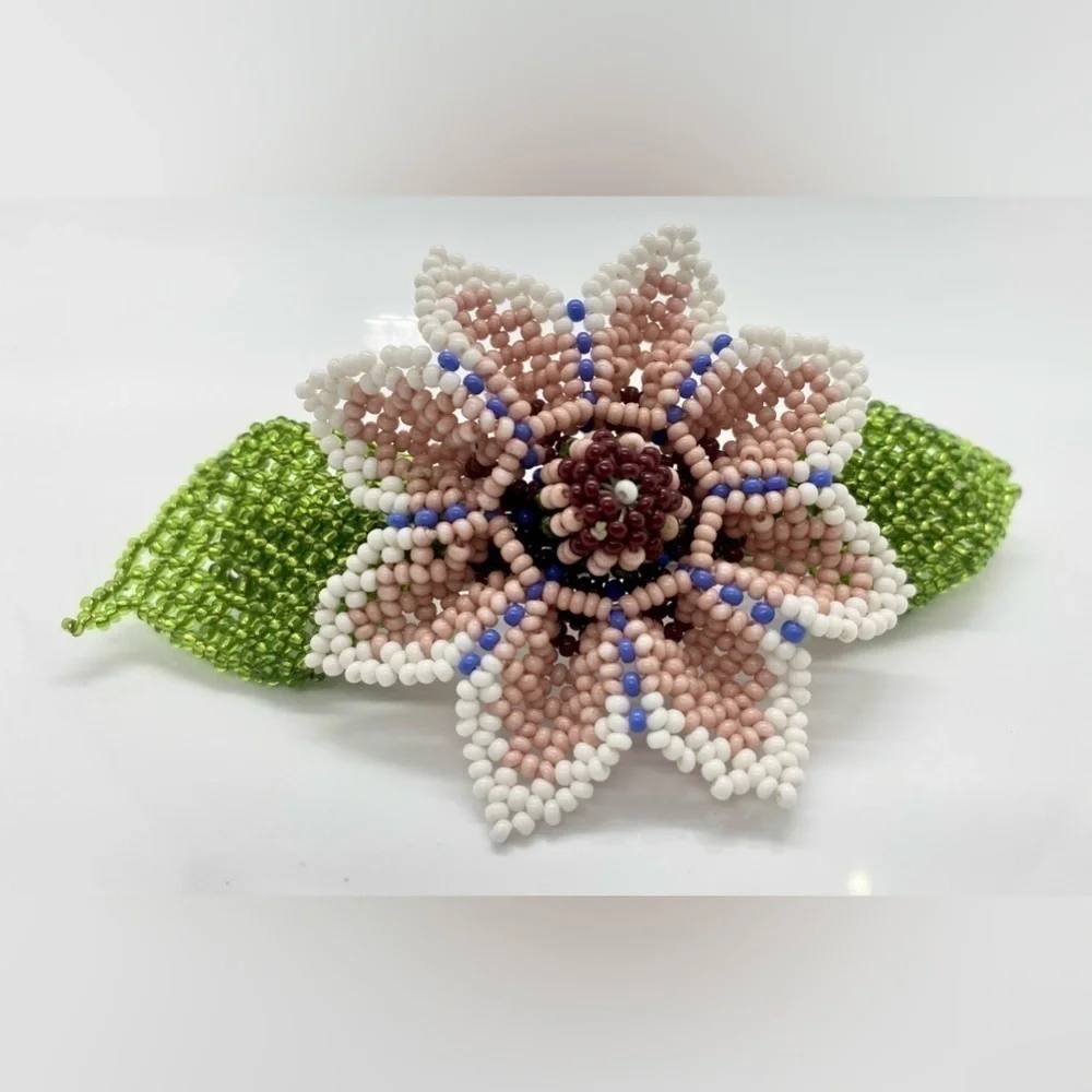 Handmade Artisan by Huicholes Mexican pink Beaded Flower Hair Barrett